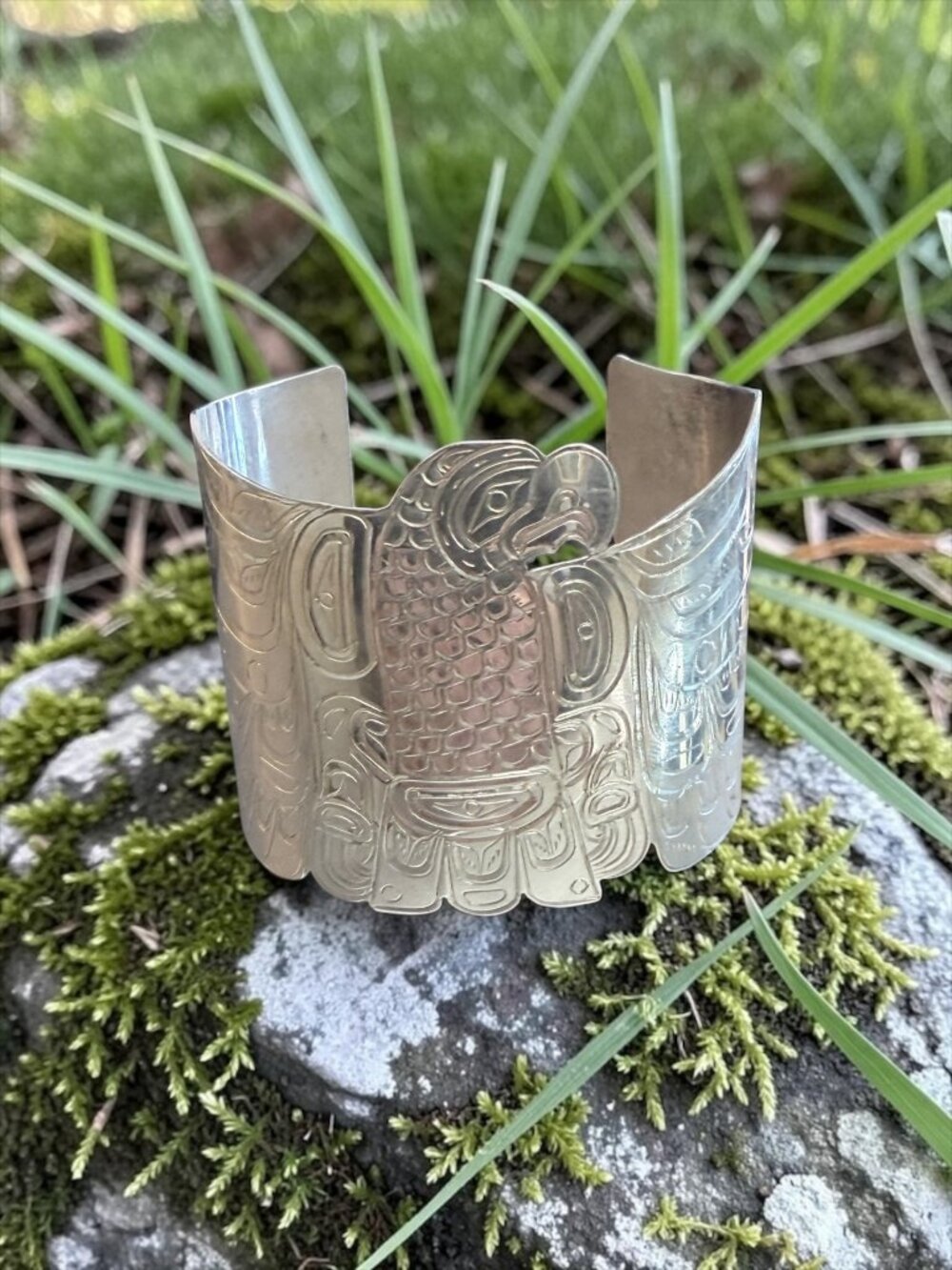 Sterling Silver Hand-Carved First Nations Eagle Cuff Bracelet by William Cook